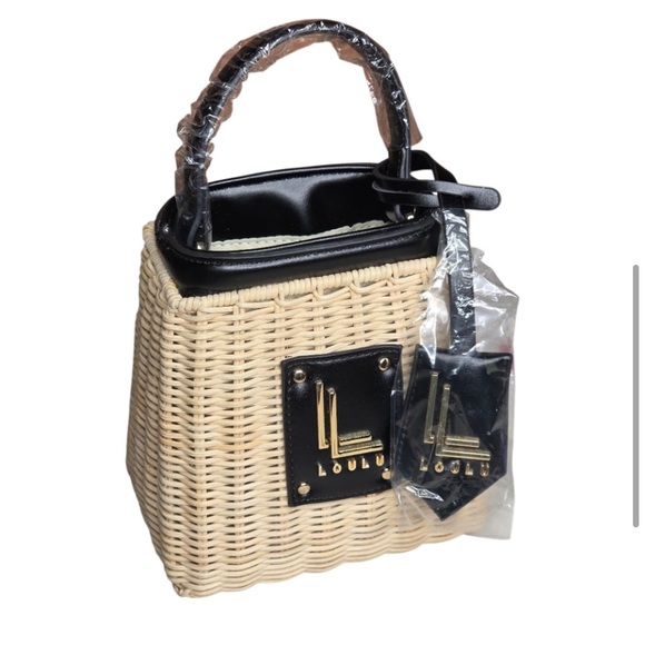 LOULU SALE Woven Mini Bag Black Faux Leather Trim Crossbody  NWT wicker - Picture 1 of 4